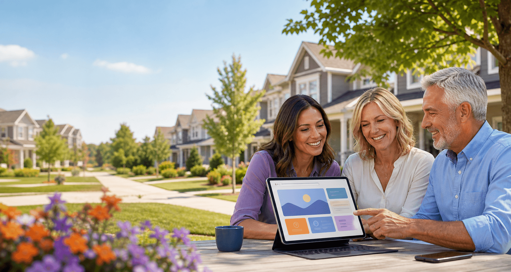Homeowners reviewing a community website in a neighborhood