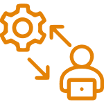 icon of a gear and a user at a computer with arrows pointing back and forth between them