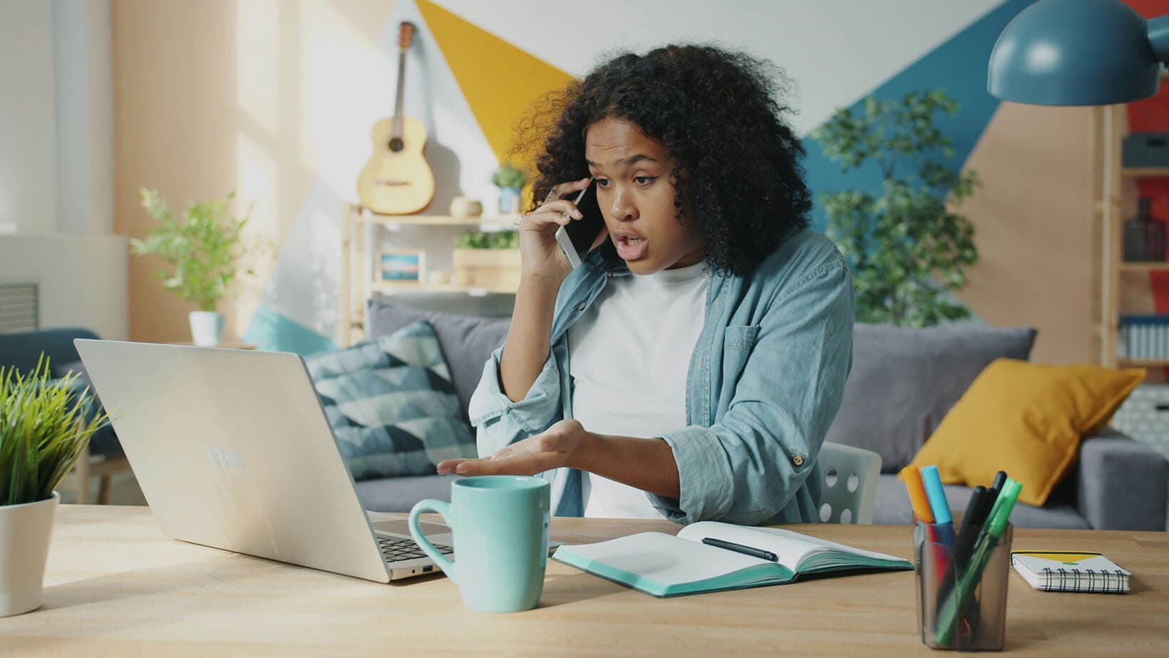 A woman frustratedly talking on the phone